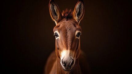 Brown mule stares directly at the camera against a dark background, showcasing its large eyes and upright ears with detailed fur textures and soft, di