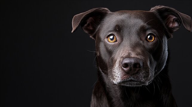 Brown Labrador dog stares directly at the camera against a solid black background, showing its focused expression and golden colored eyes with a smoot