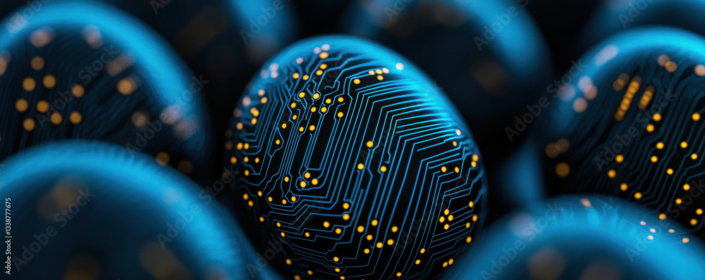 Poster digital eggs with circuit patterns and glowing elements create futuristic atmosphere, symbolizing te
