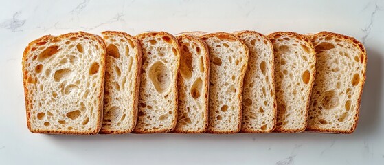 Sliced sourdough bread on marble background showcasing texture and golden crust in a bright food photography style with a top down camera angle