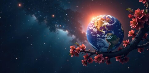 Gently glowing earth globe on starry sky branch, stars, cosmos