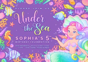 Birthday party invitation with a cute mermaid. Vector template on purple background.