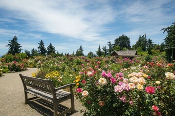 Obraz premium English Rose Garden with Benches: Rows of blooming roses in a variety of colors surround a quaint wooden bench