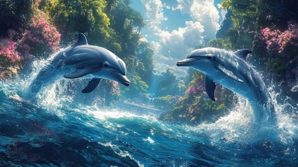 Fototapeta premium Dolphins in a Beautiful Waterfall Environment Jumping Playfully in the Clear Ocean. Generative AI