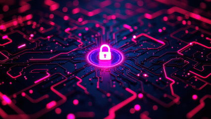 Cybersecurity graphic featuring a digital lock symbolizing secure data storage within a colorful abstract network of pink lines and dots.