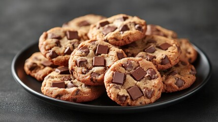 Obraz premium Delicious Chocolate Chip Cookies on a Black Plate A Tempting Treat Freshly Baked for a Sweet Indulgence Close Up Shot