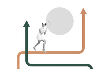 Composite art 3d creative image collage of happy sportswoman hold racket run arrow pointer tennis...