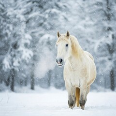 Obraz premium A white horse standing in a snowy, wintry landscape, with frost-covered trees.