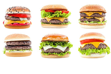 Assorted Gourmet Burgers Displayed on White Background