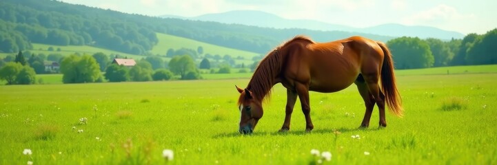 Fototapeta premium Mare grazing in lush green pasture with foal nearby, Mare, Peaceful Scene
