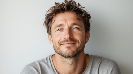 Obraz premium A man with curly hair smiles warmly, showcasing a relaxed demeanor in a softly lit room with light walls. His casual attire suggests a comfortable atmosphere