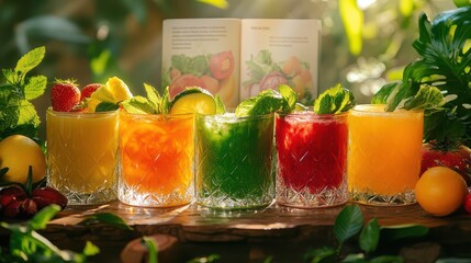 A variety of colorful fruit cocktails sit on a wooden table, surrounded by fresh fruits and greenery. The sunlight enhances the vibrant hues and refreshing appearance of the drinks