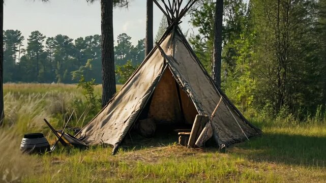 Tipee in a serene forest clearing surrounded by tall trees and grassy fields under clear blue skies