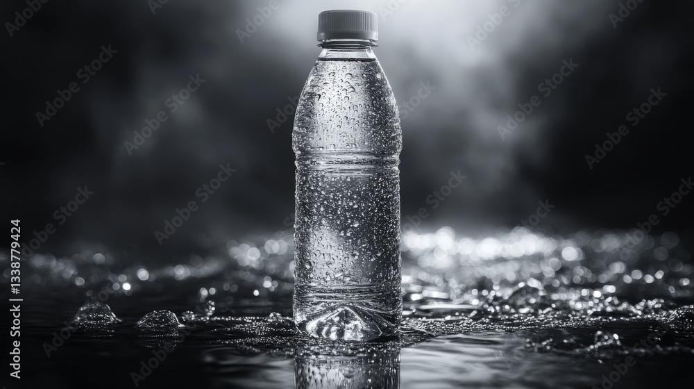 Poster a water bottle stands prominently in a foggy environment, glistening with droplets. the dark backgro