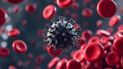 An illustration showing a virus within the human body alongside red blood cells.