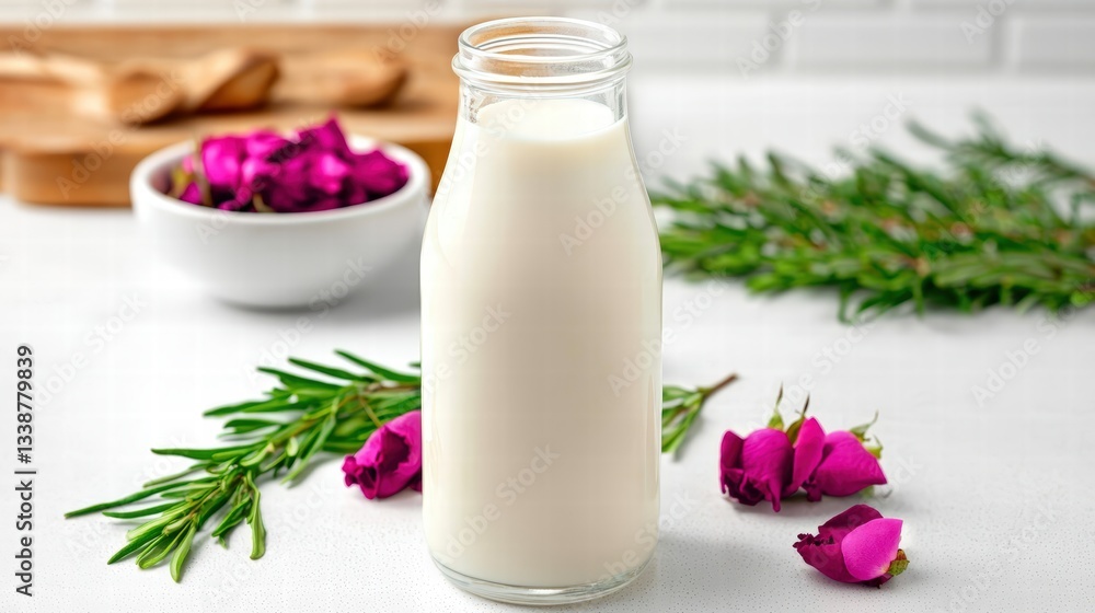 Poster glass of milk alongside fresh flowers creating a charming and serene table setting display