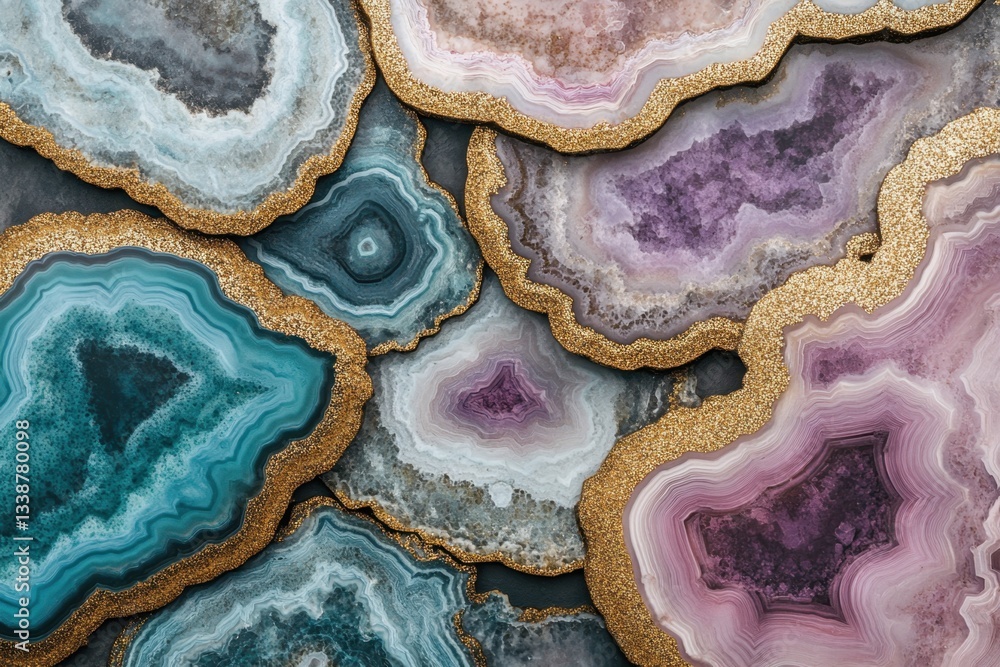Aufkleber captivating close up of agate slices with golden edges displaying a rich palette of purple teal and 
