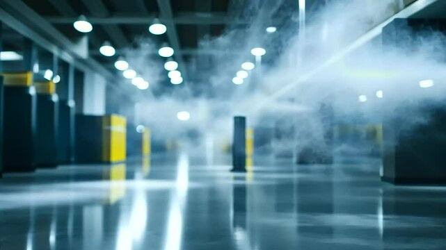 An industrial dust suppression system sprays water mist while a dust collector runs in the background, effectively controlling airborne pollutants.