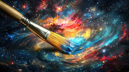 Fototapeta premium A vibrant artist s brush creating a cosmic masterpiece with swirling colors and a starry background, embodying creativity and imagination in art