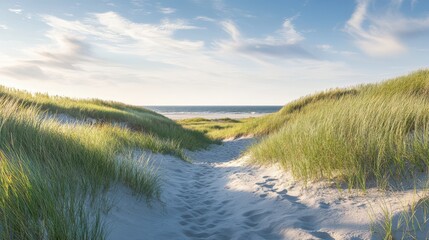 A tranquil path through soft sand, flanked by lush green grass, leads to the sparkling ocean. The sky is bright blue with wispy clouds, creating a peaceful atmosphere