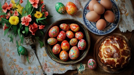 Obraz premium Colorful Easter eggs and traditional pastries on a rustic table