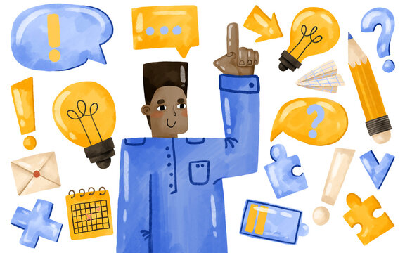 Man point finget up. Idea illustration with speech bubble. Dark skin Man with speech bubble holding up his index finger Advice, solution, idea set. Hand drawn
