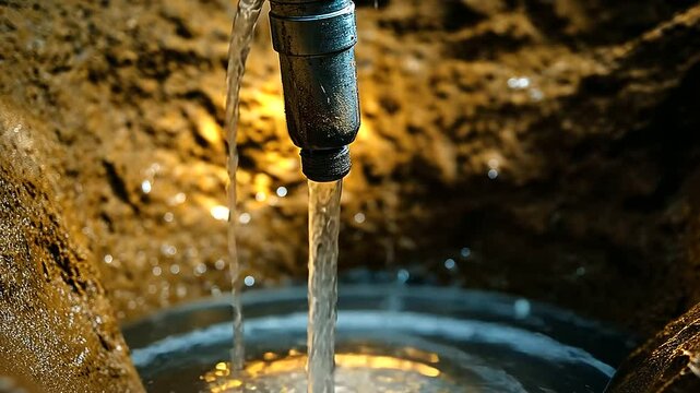A high-powered drill bit cuts through layers of earth, releasing a stream of murky groundwater, emphasizing hydrogeological exploration.