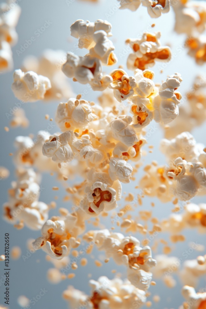 Poster captivating close up of fluffy popcorn kernels floating against a soft blue background creating a dy