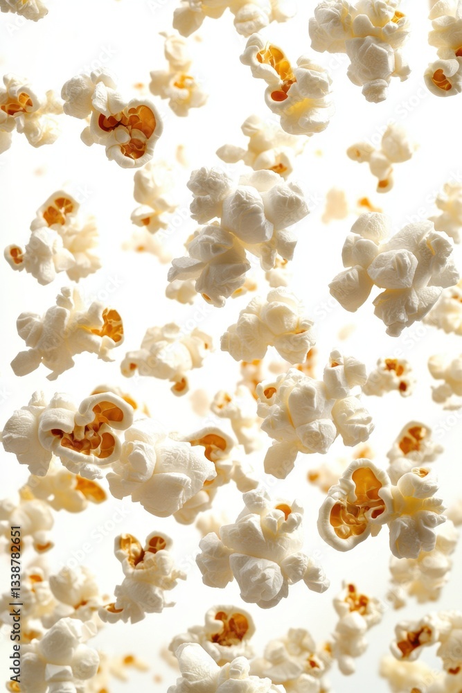 Poster delicious popcorn floating on a white background creating a dynamic and inviting food photography fo