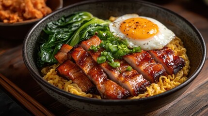 A flavorful bowl features tender glazed chicken slices, a perfectly fried egg, and vibrant greens atop steaming noodles, creating a comforting meal