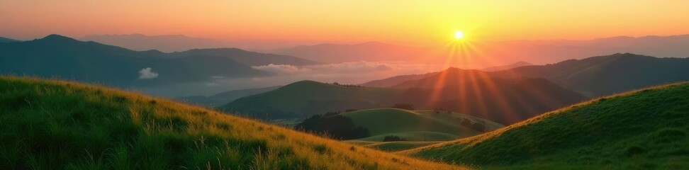 Rolling hills at sunrise with misty mountains in the distance, earthy, peaceful