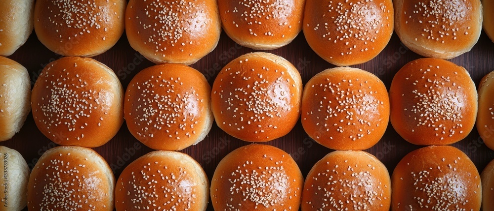 Poster golden sesame burger buns arranged in neat rows on a dark wooden surface offering a warm and invitin