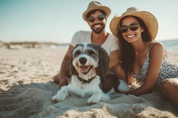 Dog and couple owners at the beach enjoying summer