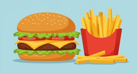 Delicious Cheeseburger and French Fries Fast Food Meal