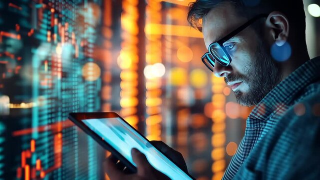 A dedicated professional uses a hightech tablet, engaging with vivid data visuals that illustrate the dynamic intersection of business and technology, especially in data analysis and visualization