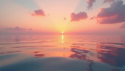 Fototapeta premium Soft peach shades reflect on the Wadden Sea's calm waters, water, sunrise