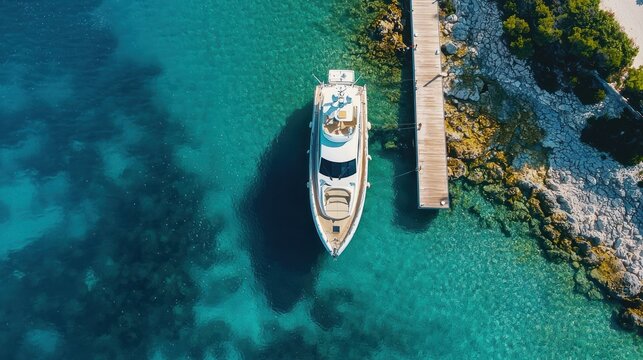 A private yacht docked at a beautiful marina, with crystal-clear water.