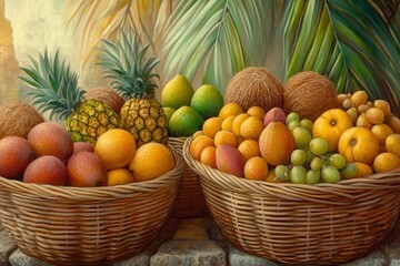 Exotic Fruit in Wicker Basket: Mangoes, pineapples, and coconuts in a handwoven basket with textured burlap fabric in the background.