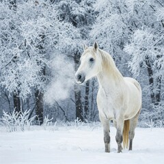 Obraz premium A white horse standing in a snowy, wintry landscape, with frost-covered trees.