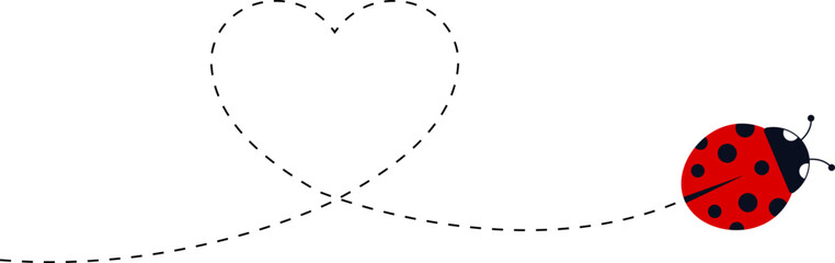 Cute ladybug characters collection. Flying ladybug with dotted path. Ladybugs flying on dotted route. ladybug icon set. Insects group. Vector illustration isolated on white.