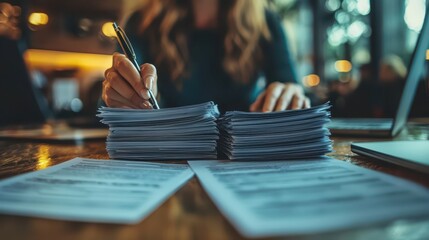 Fototapeta premium In a lively cafe, a person sits at a wooden table with stacks of documents, thoughtfully reviewing paperwork and taking notes. The warm ambiance adds to the focused atmosphere of work