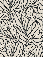 Fototapeta premium Seamless black and grey floral background with leaves. Hand drawn minimal abstract organic shapes pattern. Vector black abstact pattern with grey leaves and flowers.