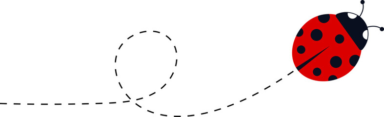 Cute ladybug characters collection. Flying ladybug with dotted path. Ladybugs flying on dotted route. ladybug icon set. Insects group. Vector illustration isolated on white.