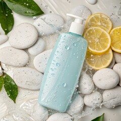 Light Blue Liquid Soap Bottle Surrounded by Lemon Slices and Stones