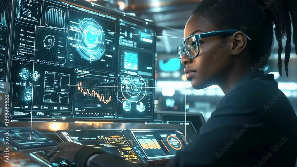 Poster A dedicated professional analyzes complex data on advanced screens, emphasizing technologys role in enhancing decisionmaking in a modern workspace and improving business operations