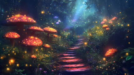 Path way through a fantasy forest with glowing mushrooms, magical and vibrant atmosphere. Fungal Pathways. Illustration