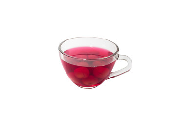 Sweet refreshing berry compote from ripe cherries in a glass isolated on white background.
