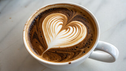 
A close-up view of a dark brown ceramic coffee cup filled with a creamy latte, topped with intricate latte art in the shape of a heart. The cup is placed on a rustic wooden table.