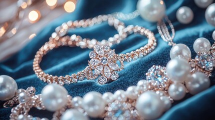 Designer jewelry on a velvet surface with soft lighting.