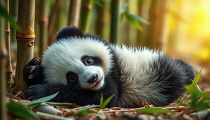 Obraz premium Adorable Panda Cub Relaxing in Bamboo Forest with Brown Leaf Ground
